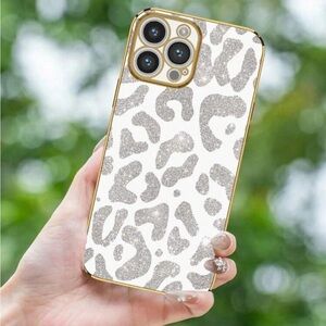 White & gold  glitter animal print electroplate iPhone 14 Pro case, never used.